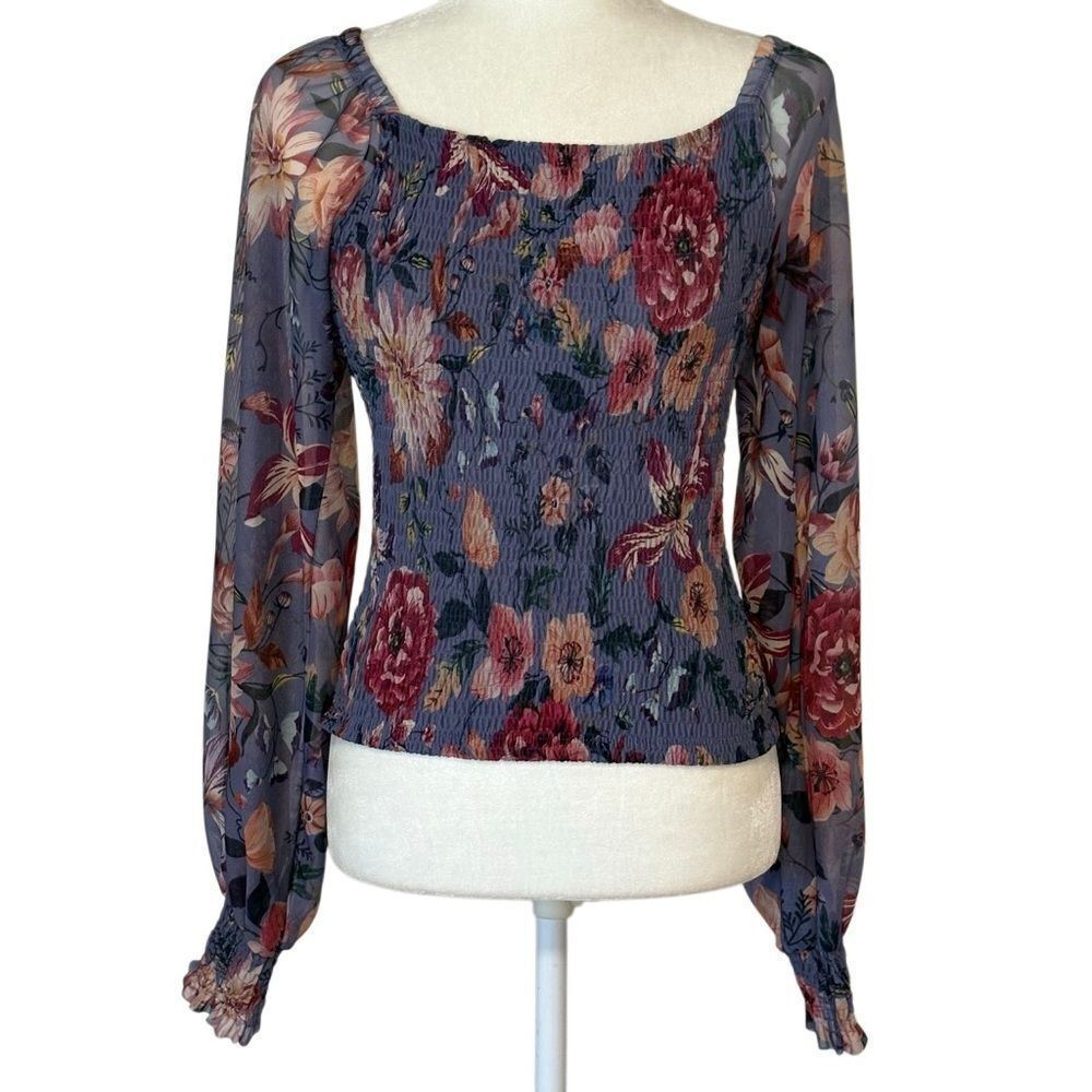 Anthropologie Rouen Purple Floral Blouse. Smocked Bodice. Sz XS Great Condition!
